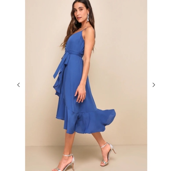 Lulus Manhattan Moment Blue Ruffled Midi Wrap Dress - Blue - Size Medium - Picture 4 of 16